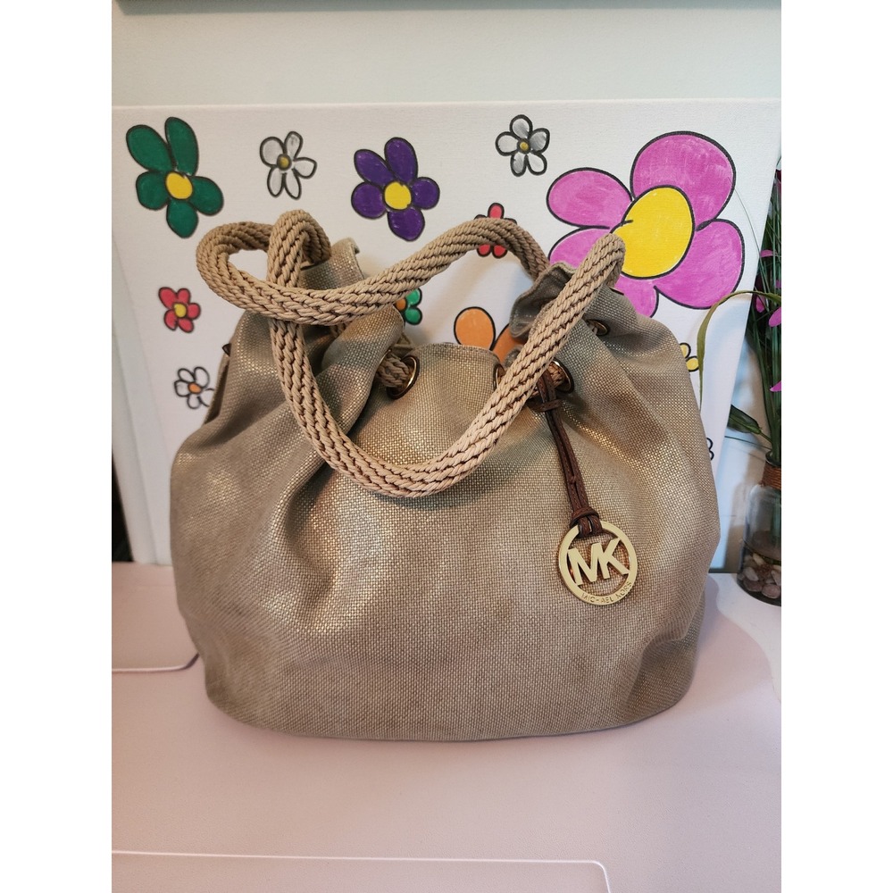 Michael Kors Marina Large Drawstring Tote Metallic Gold Rope Handle Hobo MK